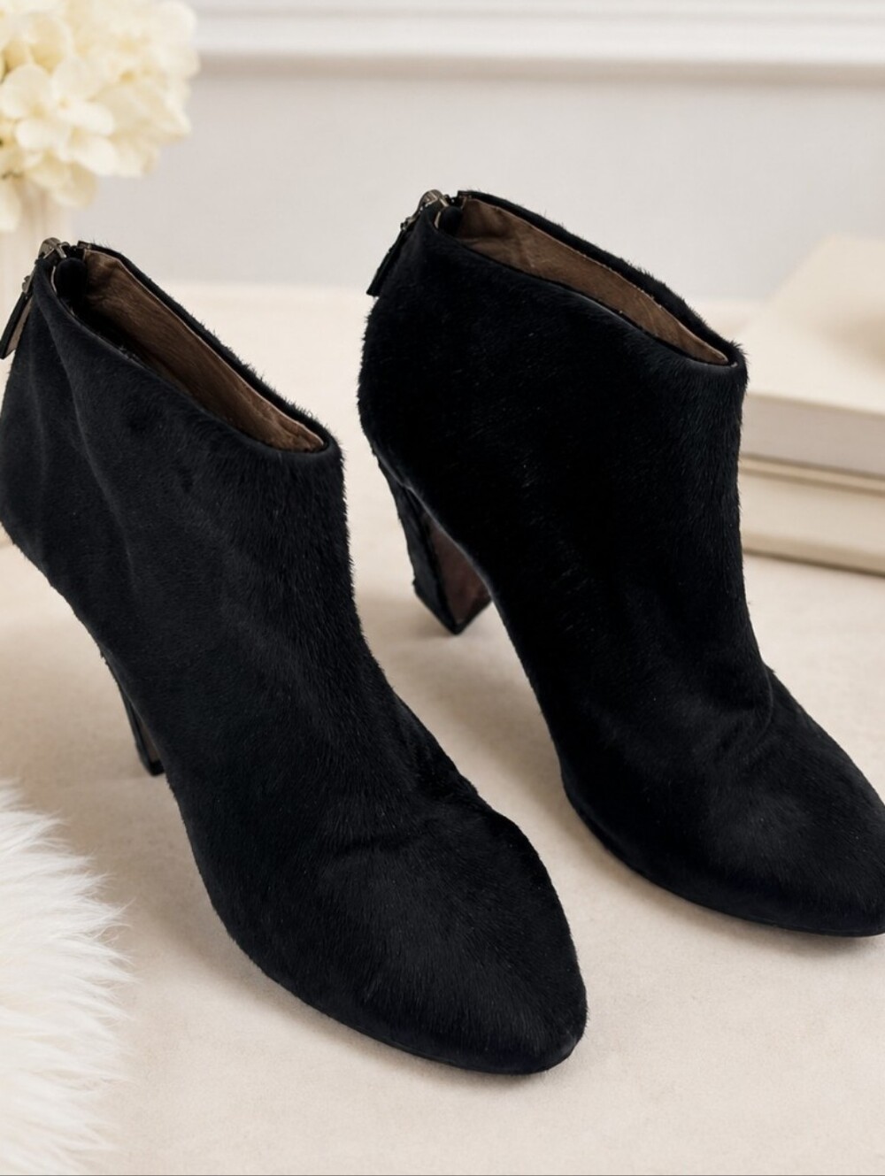 EL black pony-style calfskin ankle boots with a block heel and rear zip closure